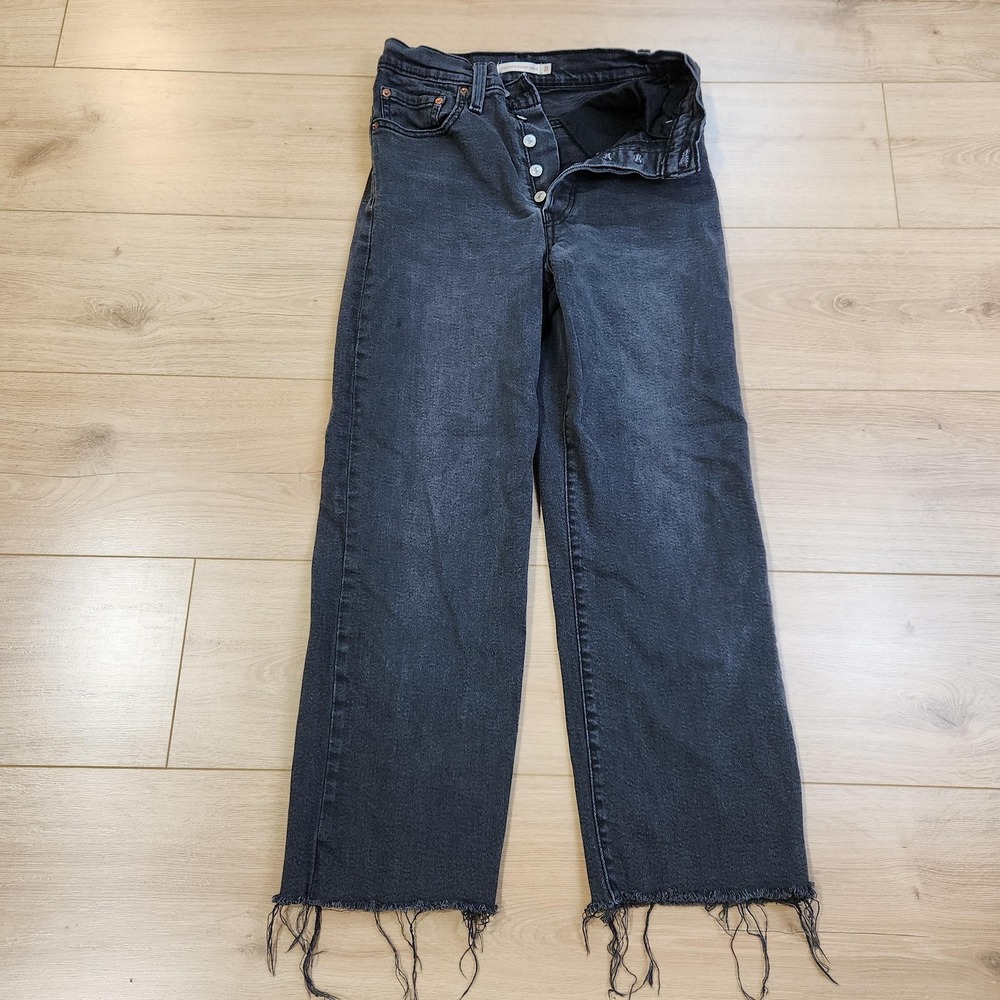 Levis Ribcage Straight Ankle Jeans Womens 27x26 Dark Black High Rise Frayed Crop